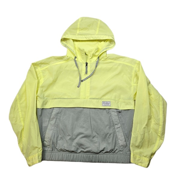 Eddie Bauer Pullover Anorak Jacket Womens XS Neon Yellow Gray Hooded Lightweight - Picture 1 of 11